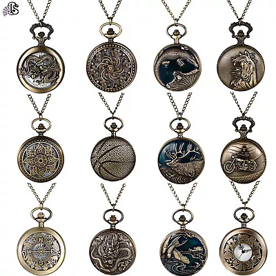 Steampunk Mens Dragon Eagle Skeleton Bronze Tone Quartz Pocket Watch Necklace • $11.99