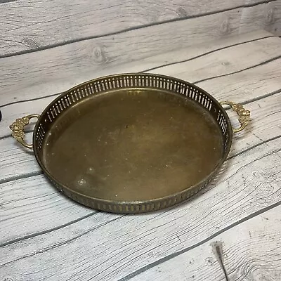 Vintage Round Brass Serving Tray With  Floral Handles 11  Made In India Vanity • $25