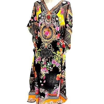 $50 • Buy Silk Blend Embellished Kaftan  Long Caftan Resort Wear Vacation Beach Dress