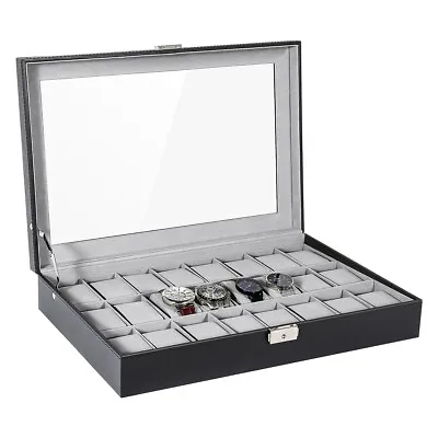 24 Slots Men Watch Box Lockable Leather Watch Case Display Box Storage Jewellery • £21.99