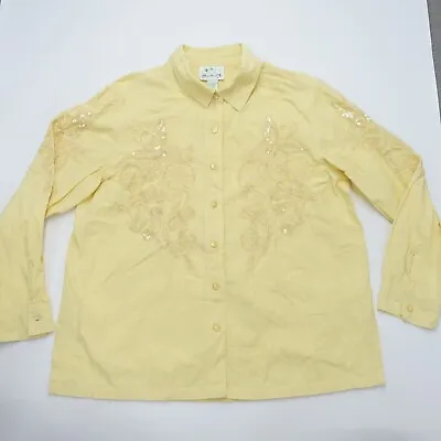 Quacker Factory Shirt Women's XL Yellow Cotton Embroidered Long Sleeve Button-Up • $17.09