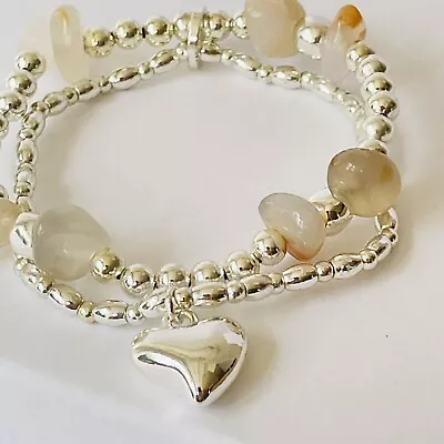 Silver Bracelet Charm Heart Semi  Precious Costume Jewellery Women’s Bracelets • £3.97