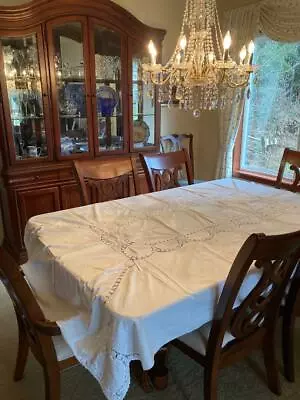 Beautiful Vintage White Embroidered Crochet Lace Cotton Rectangular Tablecloth • $49.99