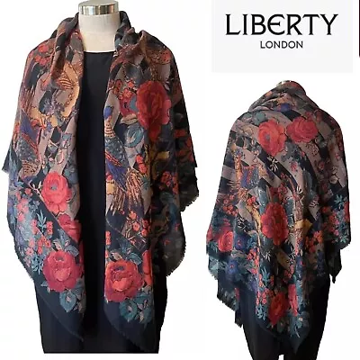 Liberty London Black/Red/Tan Birds + Flowers Print Wool Scarf 132 X132cm Fringes • £159.90