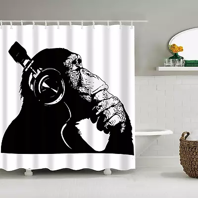 Funny Monkey Shower Curtain Music Banksy Headphone Thinking Gorilla Waterproof F • $31.99