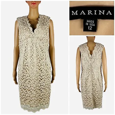 Marina Womens 12 Dress Lace V Neck Cocktail Beige Golden Metallic Lined EUC • $49.99