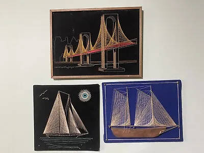 Vintage String Nail Art Bridge Ship Sail Boat Black Velvet MCM Lot Of 3 • $99.99