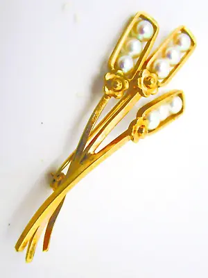 Vintage 14K Gold Filled Pin Van Dell 3 Wheat Sheaf W/Pearls 1.875 In Long Marked • $7.94