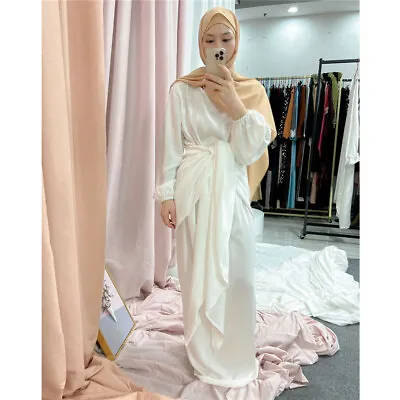 Dubai Women Long Dress Wrap Skirt Set Abaya Muslim Robe Ramadan Dress Islamic • £39.46