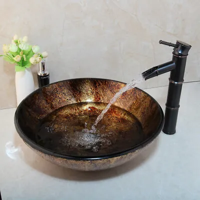 Round Tempered Glass Basin Bowl Bathroom Sink Combo Mixer Black Faucet Drain Set • £145