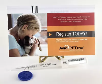 Avid Mini Microchip 15-digit + Prepaid Lifetime Registration + Collar Tag • $30