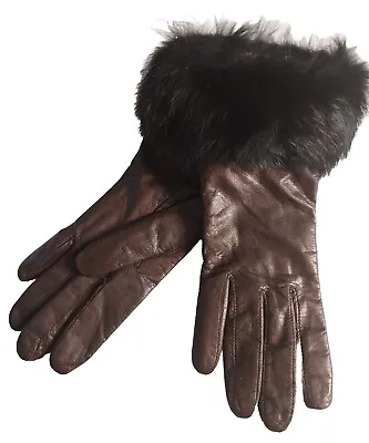  Grandoe Better Women's Black Fur Cuff  Brown Leather  Gloves Small-6.5 • $49
