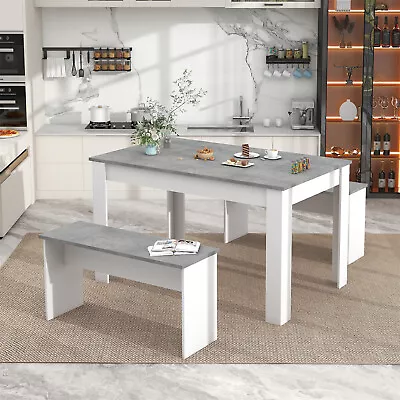 3Pcs Marble Look Dining Table And Chairs Set 2 Benches Kitchen Furniture QN • £109.99
