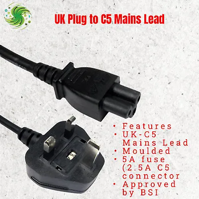 Power Lead Cable Wire For Laptop PC 3 Pin Mains UK Fused Plug Clover Leaf C5 • £8.99