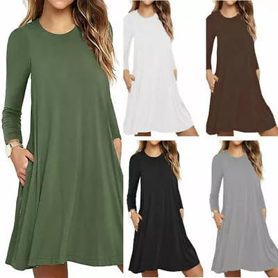 Womens Long Sleeve Plain Cocktail Swing Dress Ladies Flared Dresses AU Size 8-16 • $19.85