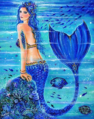 Original Blue Reef Mermaid Painting Acrylic On Canvas BY RENEE L. LAVOIE USA • $200