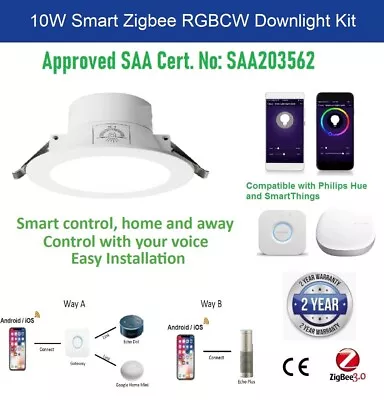 $35 • Buy 10W 90mm Smart ZigBee RGB CW LED Downlight Kit For Echo Plus SmartThings Hub Hue