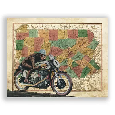 Vintage Motorcycle Pennsylvania State Map Art Print Garage Racing Wall Decor • $9.95