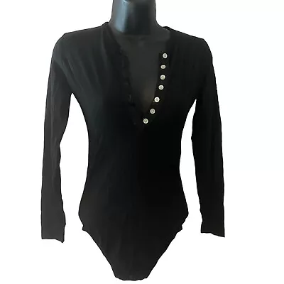 Vintage Danskin Leotard Adult 8-10 High Cut Body Suit LS Black One Piece Unitard • $19.79