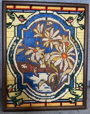 Needlepoint Framed Handmade 15 X 12 MCM Daisies Hummingbirds Hand Stitched VTG • $27.87