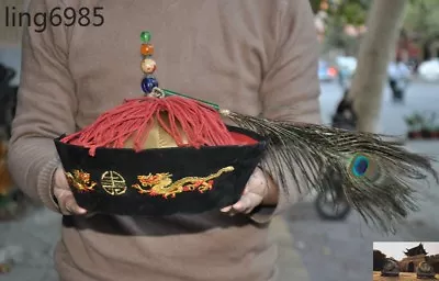 China Silk Turquoise Qing Dynasty Goverment Official Hat Dragon Embroidery Crown • $147.84
