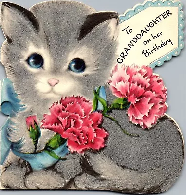 Kitty Cat Kitten Carnation Happy Birthday VTG Christmas Greeting Card • $4