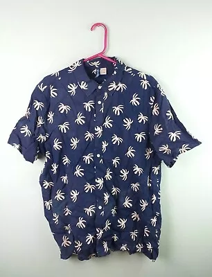 H&m Mens Damaged Summer Hawaiian Tropical Palm Tree Holiday Blue Shirt Uk M/l • £2.99