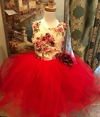 Princess Flower Girl Dress Party Bridesmaid Wedding Pagent Dress Red Floral 7/8 • £53.08