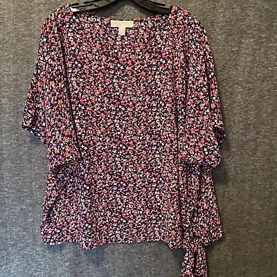 Michael Kors Blouse Womens Plus 2X Blue Pink Floral Side Tie Tunic Top Casual • $22.99