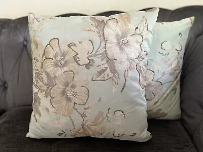 Laura Ashley Blenheim 100% Silk Eau De Nil 2 Goosefeather Cushions Embroidered • £55