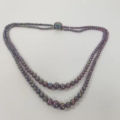 Vintage Japan Purple Faux Pearl Double Strand Multi Layer Necklace Choker 16  • $19.99