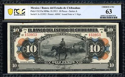 1913 10 Pesos Banco Del Estado De Chihuahua Nice Grade. Choice Unc 63 • $115