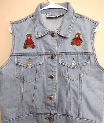 $19.99 • Buy Denim Jean Jacket Style Vest Womens Size Medium Teddy Bear Patches Retro Vintage