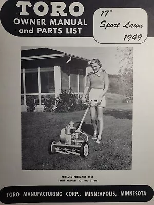 TORO 17 Sport Lawn 1949 Walk-Behind Reel Mower Owner & Parts Manual 101 To 21199 • $84.84