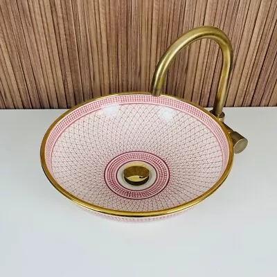 Ceramic Sink For Bathroom 14K Gold Rim Countertop Sink Pink Ceramic Sink Basin • $284