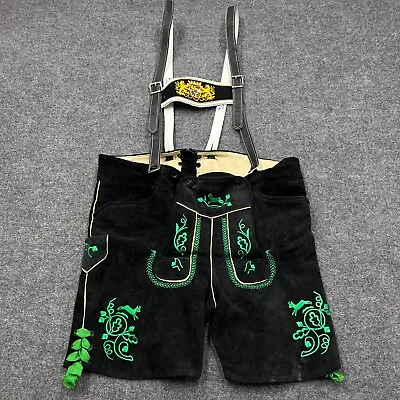 ERNST LICHT Lederhosen Mens 40 Oktoberfest Green Embroidery Black Leather German • $135.29