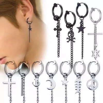 Black Titanium Steel Punk Ear Clip Drop Punk Chain Pendant Hoop Non Piercing 18G • $3.25