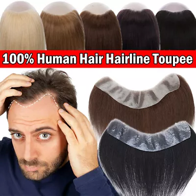 Forehead Hairline Men Toupee 100% Human Hair Hairpiece Thin Skin PU Topper Black • $39.89