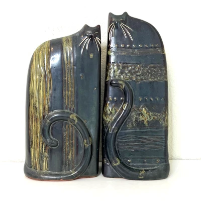 $160 • Buy Pair Of Vintage Modernist Ceramic Cat Vases Black Gold 11 And 12 In Tall