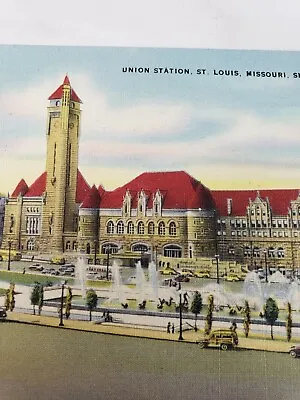C 1940 Union Train RR Station St Louis Missouri Showing Plaza Fountains Postcard • $2.50