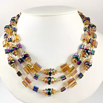 Vintage 1950s AUSTRIA Aurora Borealis Plastic Beaded Multi Strand Necklace 18.5  • $39.99