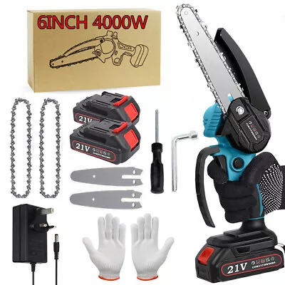 2 Batteries 6'' 4000W Mini Cordless Chainsaw Electric One-Hand Saw Wood Cutter • £12.99