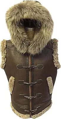 Leather Sheepskin Gillet Shearling Brown Hooded Vest • $189.99