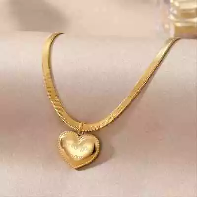 Stainless Steel Gold Necklace Heart I LOVE YOU MORE Pendant & Herringbone Chain • $14.99