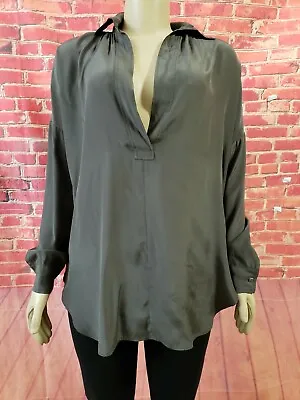 Vince Half Placket Silk Gray Long Slv Oversized Sz S Women's Tunic Top Blouse #C • $49.10