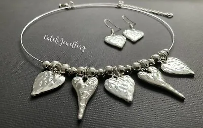 Hammered Silver HEARTS Choker Necklace And Free HEART EARRINGS Boho • £4.99