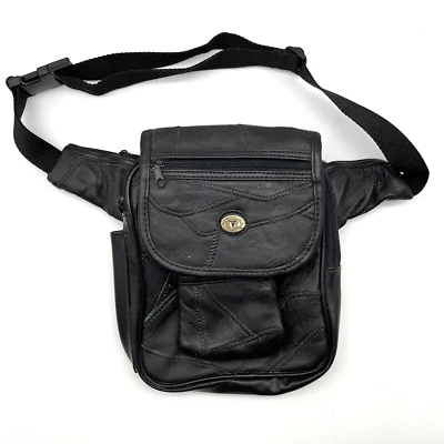 £31.06 • Buy Vintage 80s Taurus Collection Black Leather Patchwork Fanny Pack Crossbody Bag