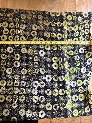 1970s Retro Green & Black Floral Silky Fabric • £0.99