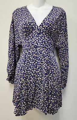 Zara Dress Women Medium Blue Mini Floral V Neck 3/4 Sleeve Short Girly Flirty • $20