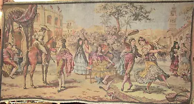 Antique Belgian Tapestry Spanish Street Scene Toreadors Dancers Ladies Excellent • $34.99